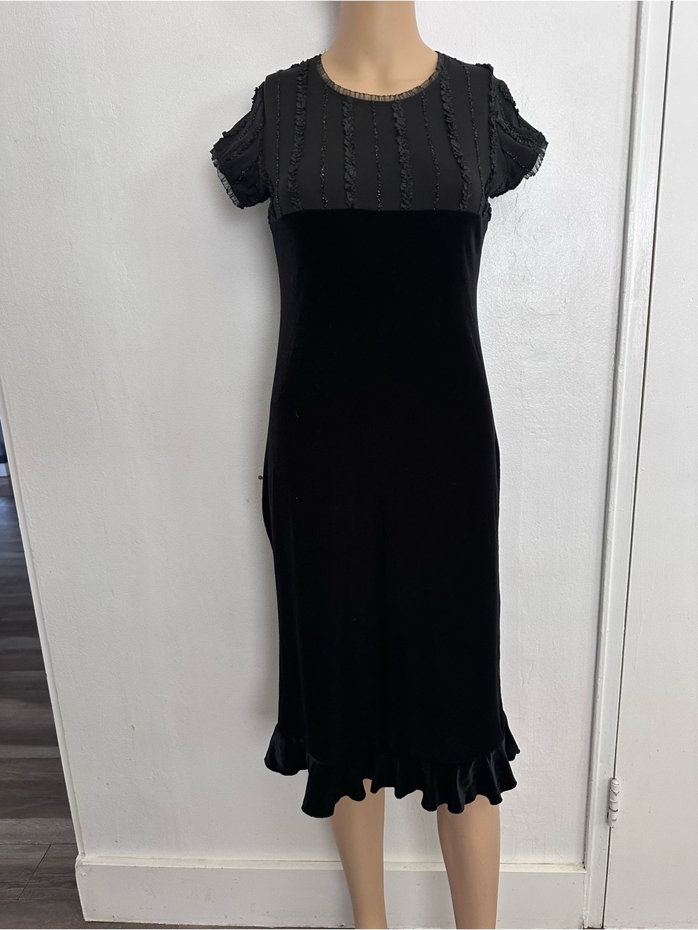 Vintage 90s My Michelle Black Velvet Ruffle Whimsigoth Dress Beaded Ruffle Med